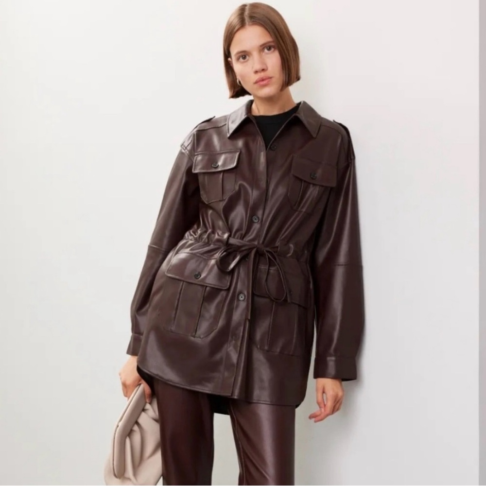 Marissa Webb Retro “90’s” Burgundy Brown Vegan Leather Cinch Waist Shacket Sz 2